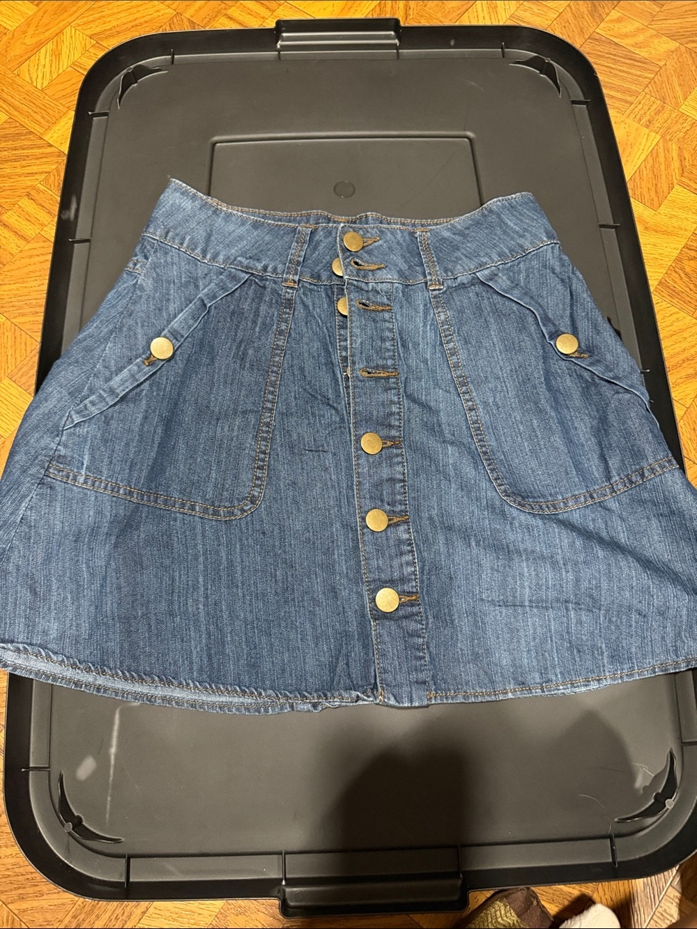 Button-Front Blue Denim Mini Skirt